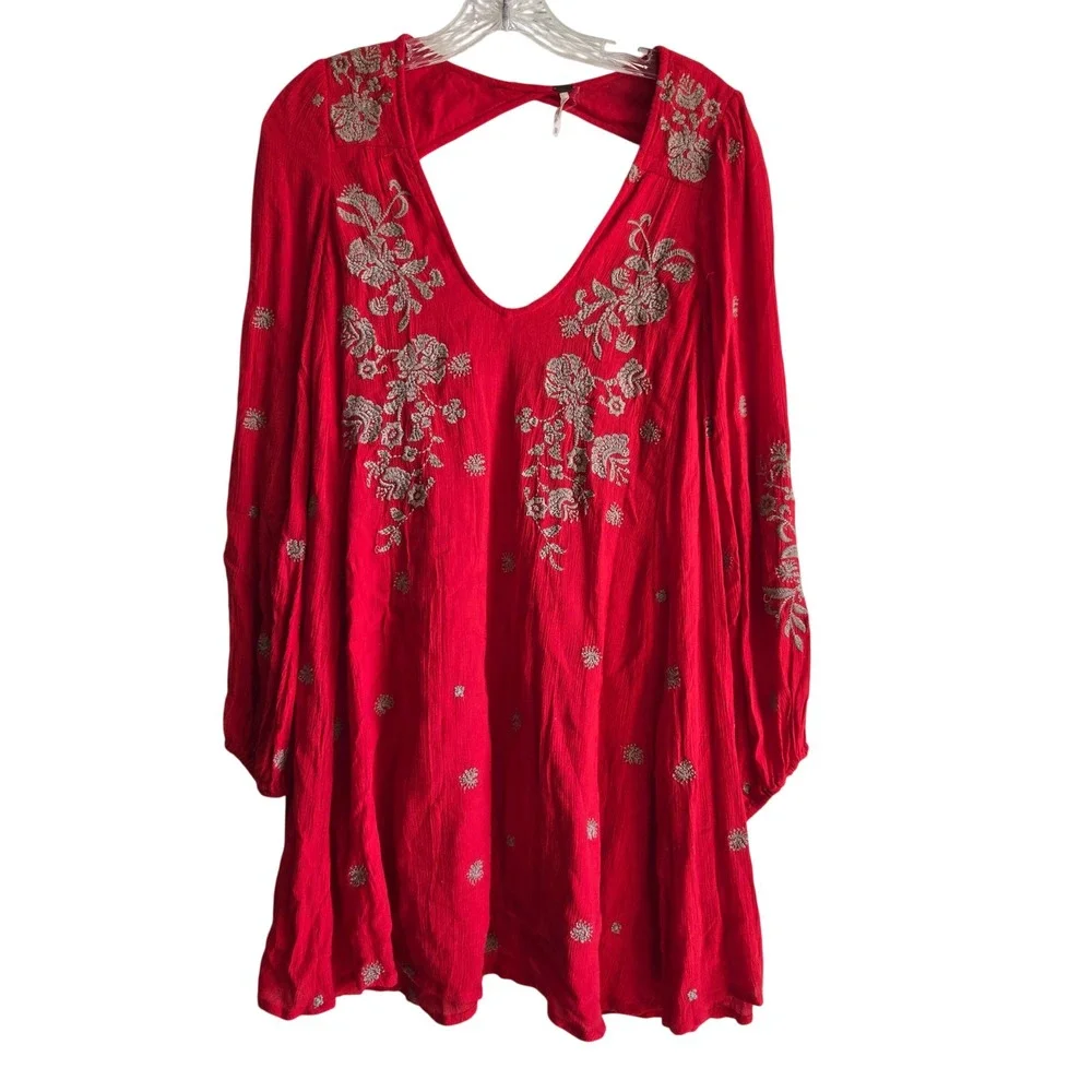 Free People XS Mini Dress Womens Red Good Embroidered V-Neck Boho Pockets